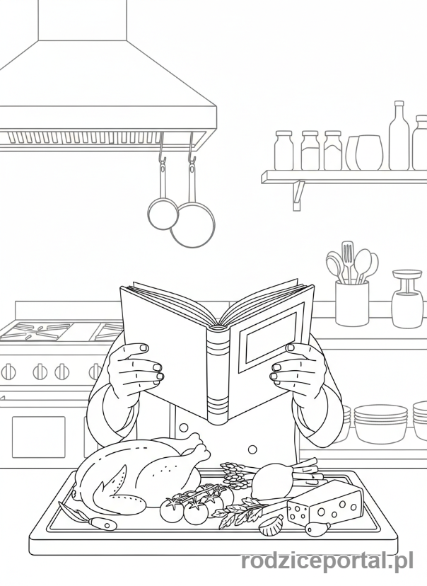 Kolorowanka Planowanie - Kucharz z książką kucharską, planujący menu.