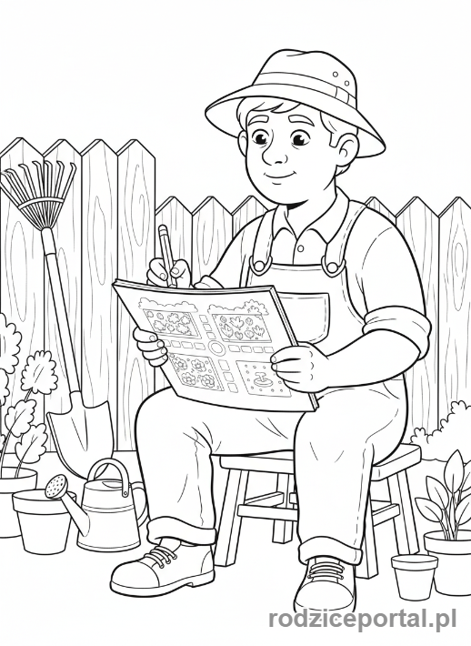 Kolorowanka Planowanie - Ogrodnik szkicujący projekt ogrodu.