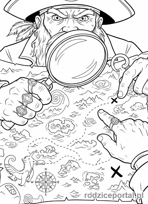 Kolorowanka Planowanie - Pirat z lupą, planujący trasę do skarbu na mapie.