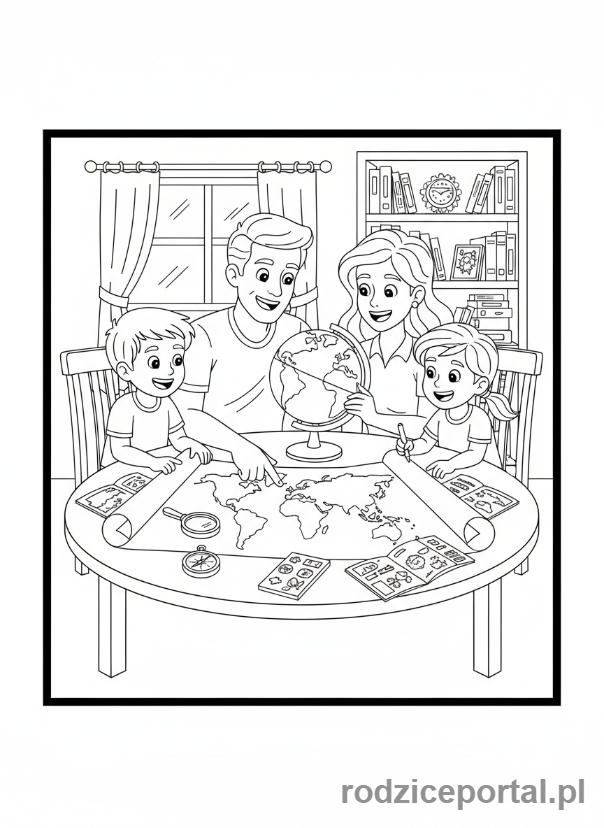 Kolorowanka Planowanie - Rodzina przy stole, planująca podróż z mapą.
