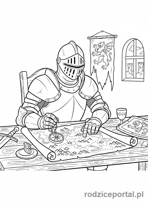 Kolorowanka Planowanie - Rycerz studiujący starożytną mapę, planując wyprawę.