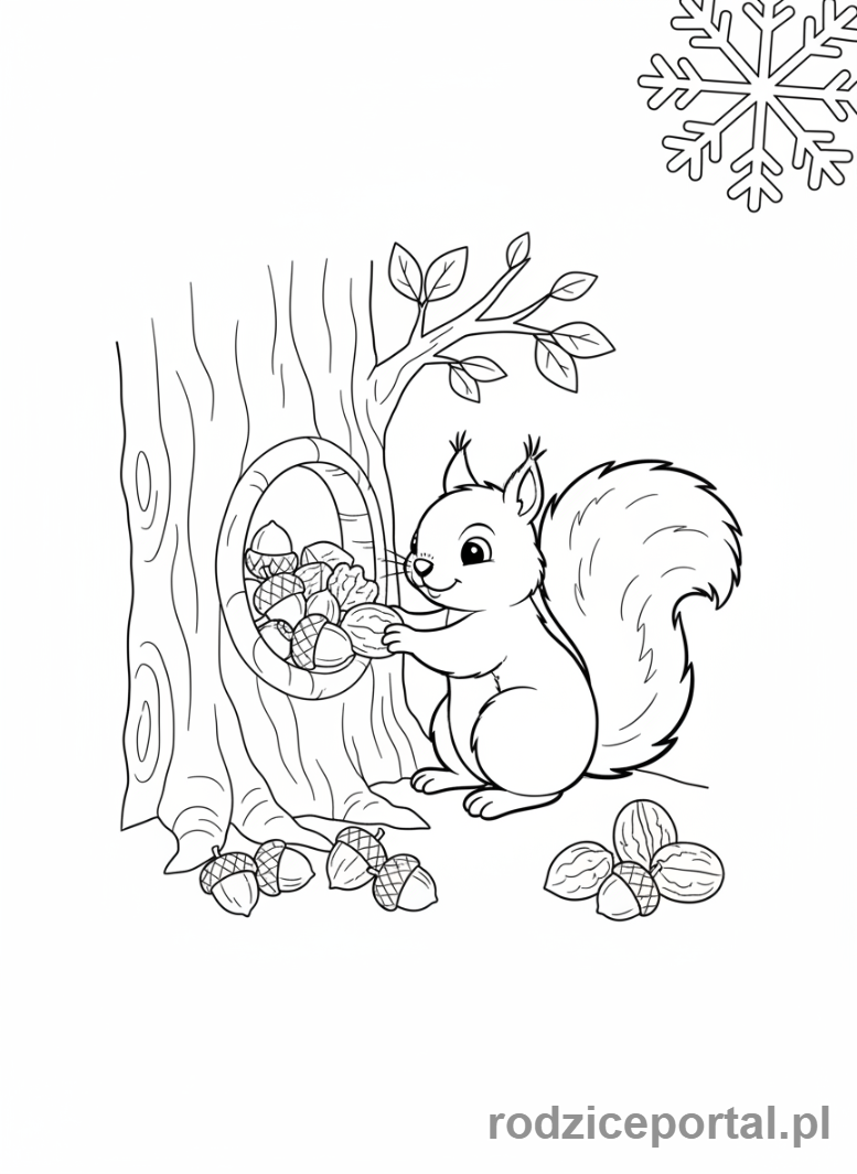 Kolorowanka Planowanie - Wiewiórka planująca zimowe zapasy orzechów.
