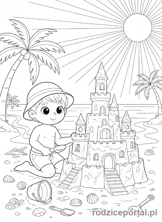 Kolorowanka Plaża Zadania - Budowanie zamku z piasku