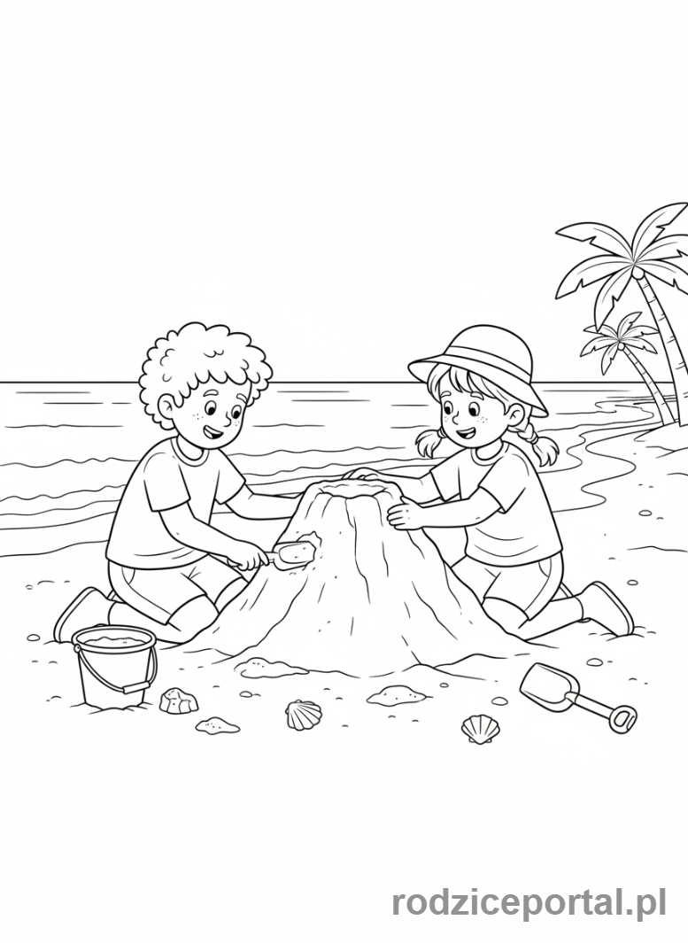 Kolorowanka Plaża Zadania - Buduje wulkan z piasku