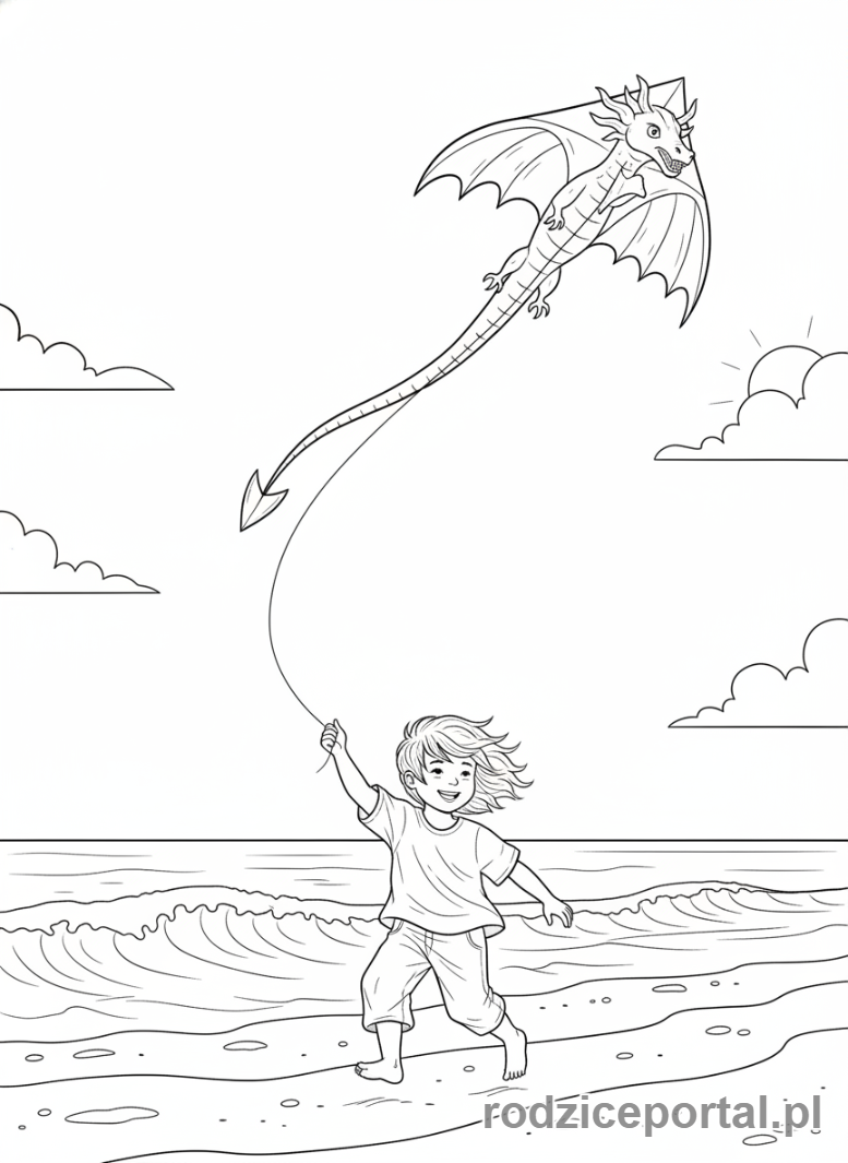 Kolorowanka Plaża Zadania - Latawiec nad plażą