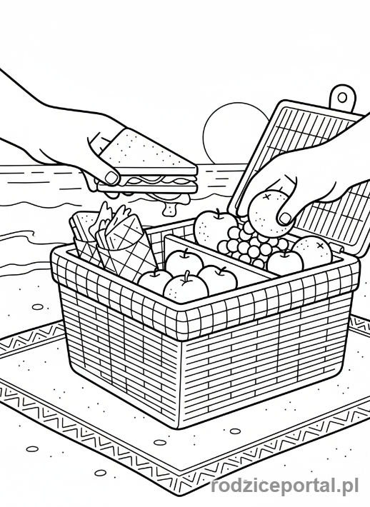 Kolorowanka Plaża Zadania - Pakuje kosz piknikowy