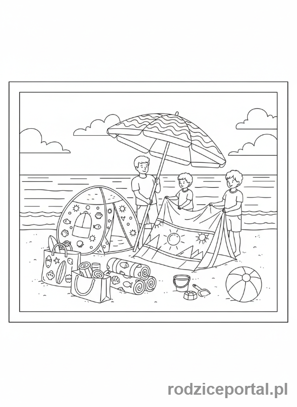 Kolorowanka Plaża Zadania - Rozkłada parasol plażowy