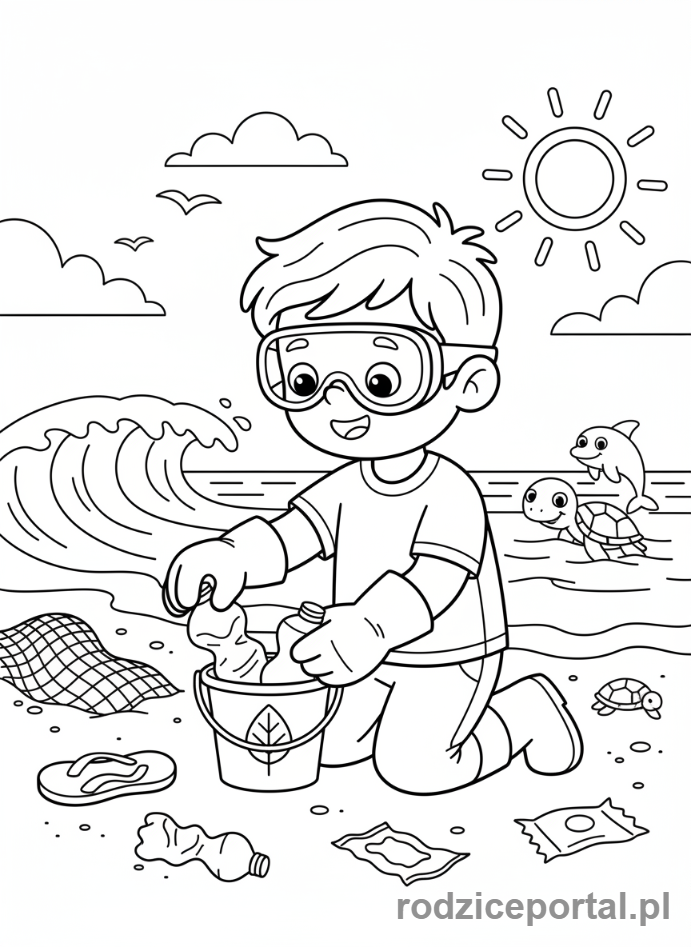 Kolorowanka Plaża Zadania - Sprząta plażę