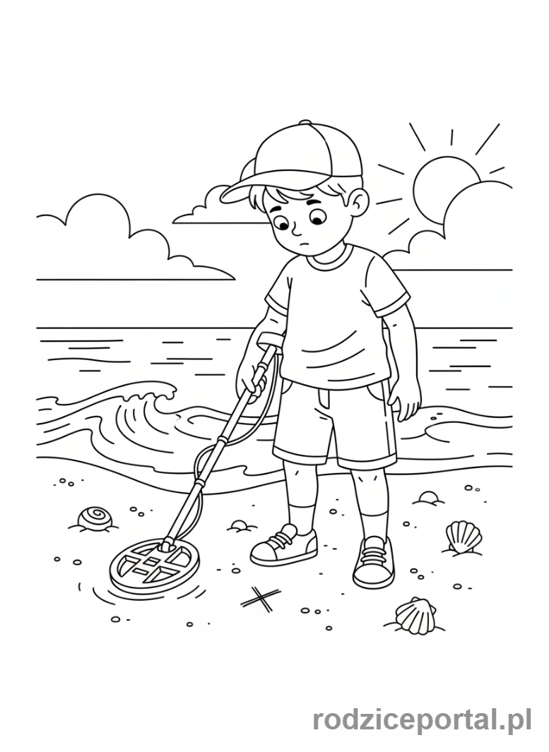 Kolorowanka Plaża Zadania - Szuka skarbu z wykrywaczem metalu