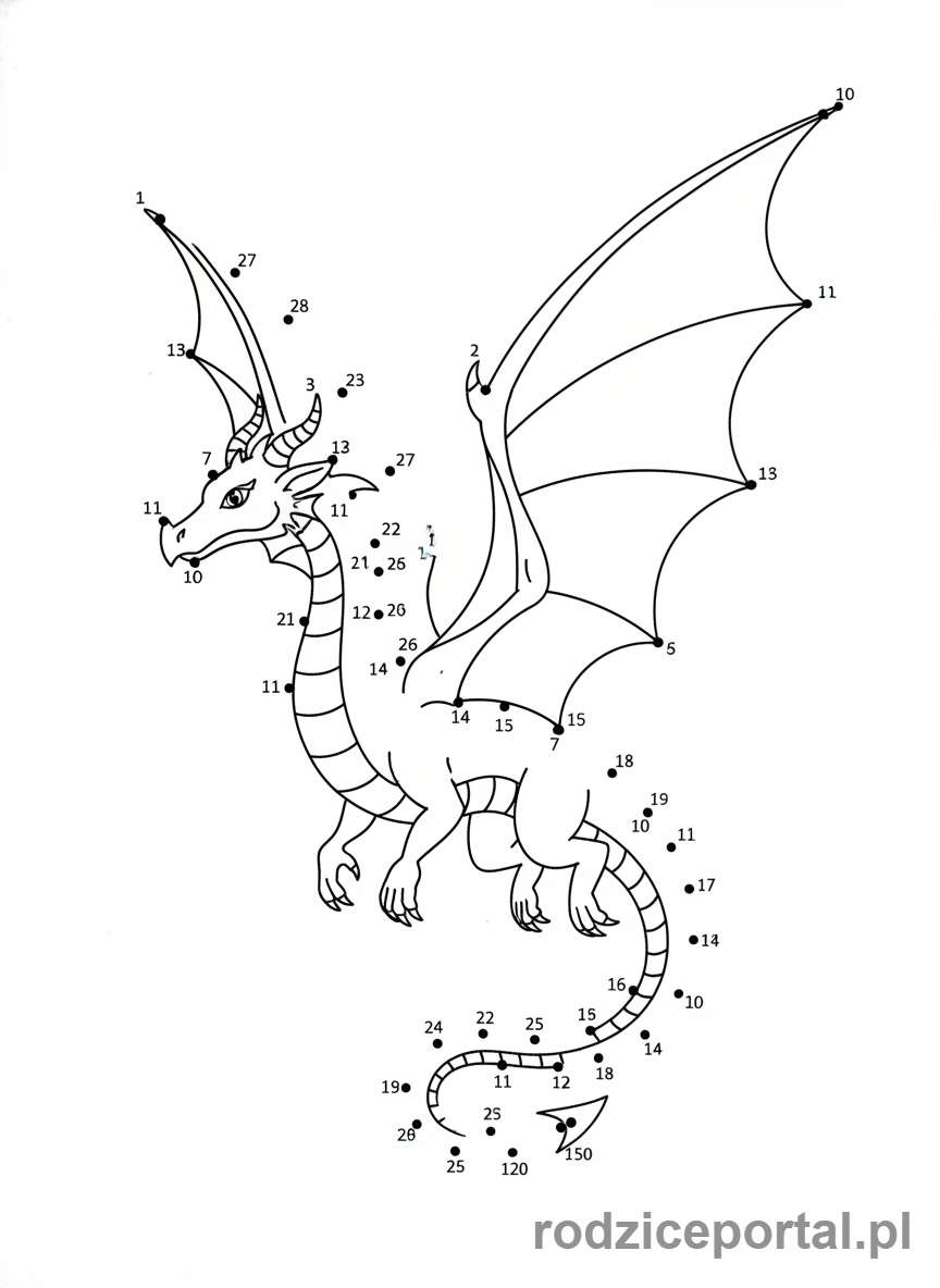 Kolorowanka Połącz Kropki - Latajacy smok, polacz kropki