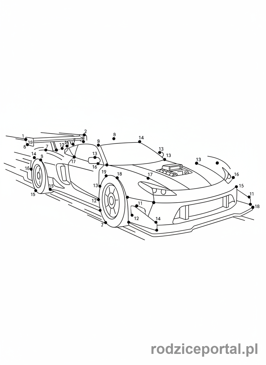 Kolorowanka Połącz Kropki - Samochod wyscigowy, polacz kropki