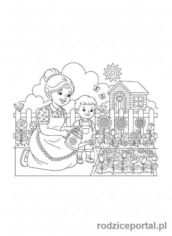 Kolorowanka Podlewanie Kwiatów - Babcia i wnuczek podlewaja