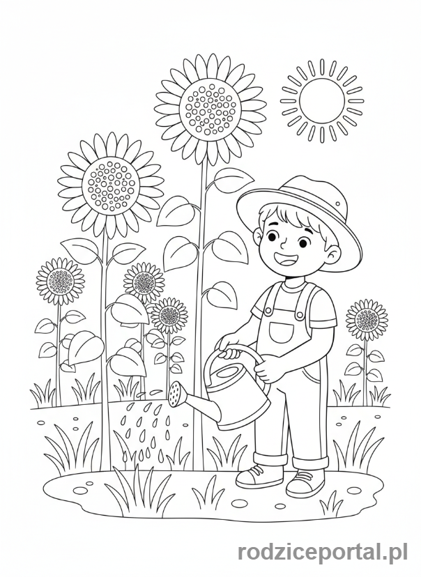 Kolorowanka Podlewanie Kwiatów - Chlopiec podlewa sloneczniki