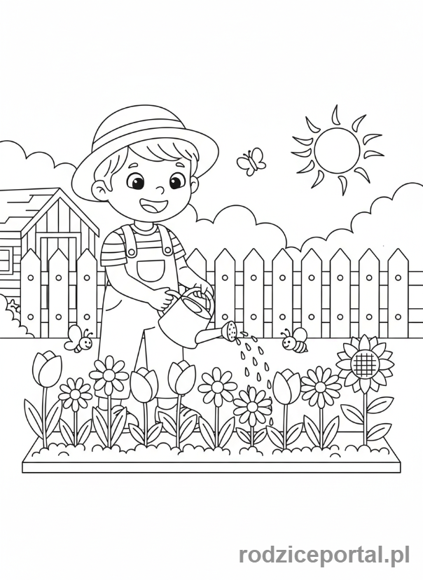 Kolorowanka Podlewanie Kwiatów - Dziecko podlewa kwiaty
