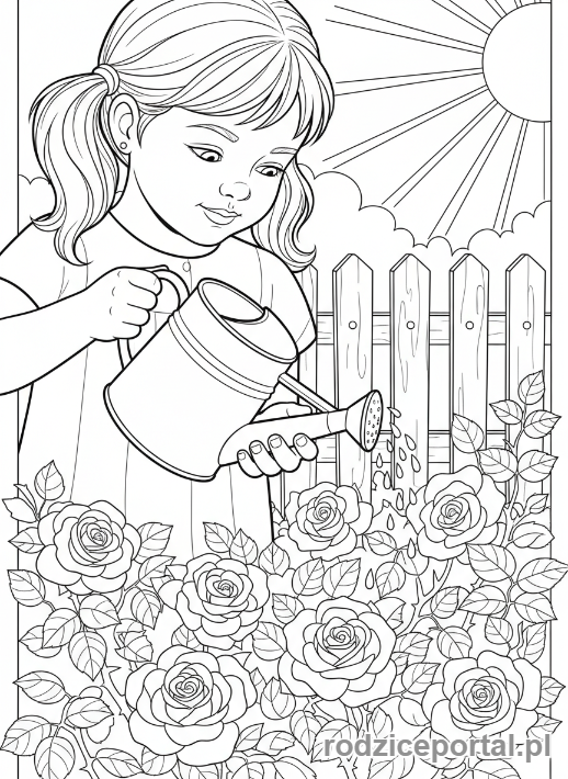 Kolorowanka Podlewanie Kwiatów - Dziewczynka podlewa roze