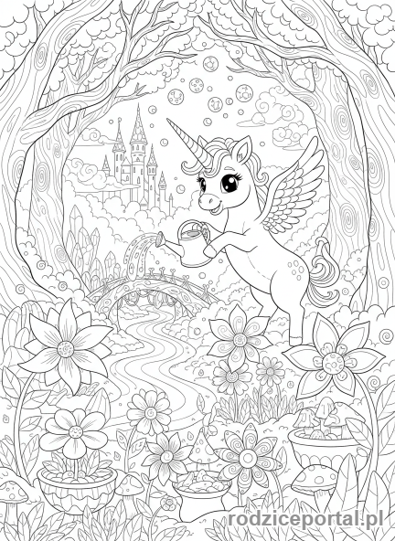 Kolorowanka Podlewanie Kwiatów - Fantazyjne kwiaty i podlewanie