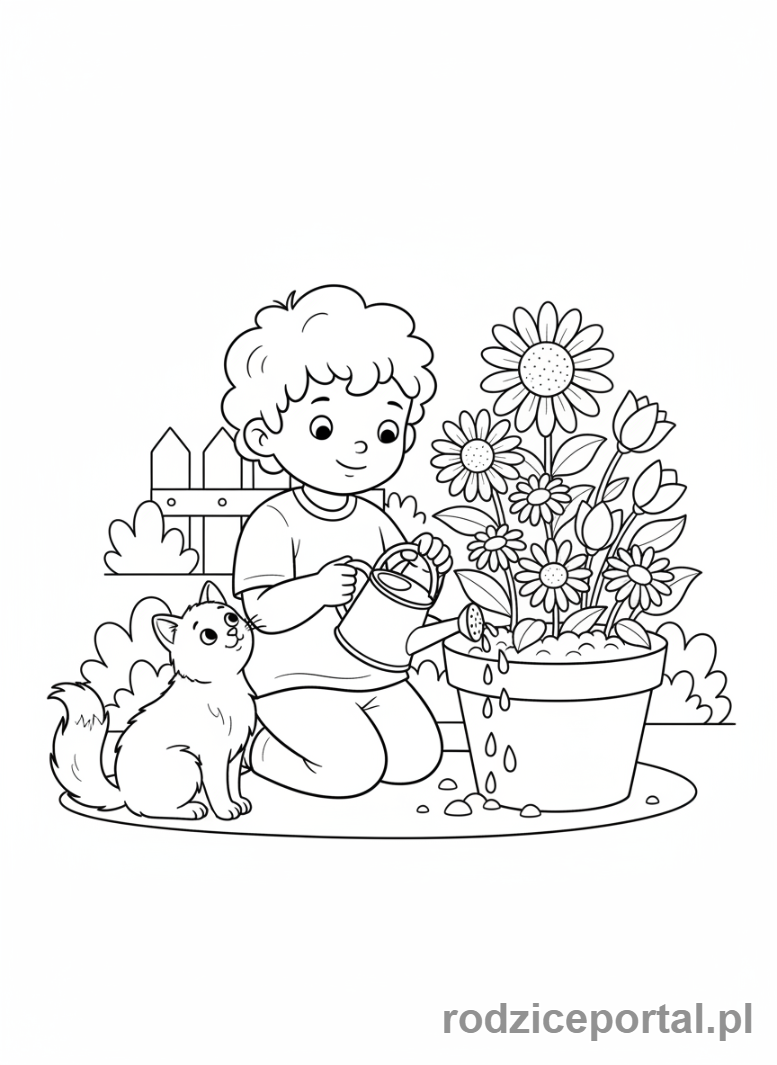 Kolorowanka Podlewanie Kwiatów - Kot i dziecko z konewka