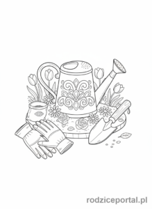 Kolorowanka Podlewanie Kwiatów - Narzedzia ogrodnicze i konewka