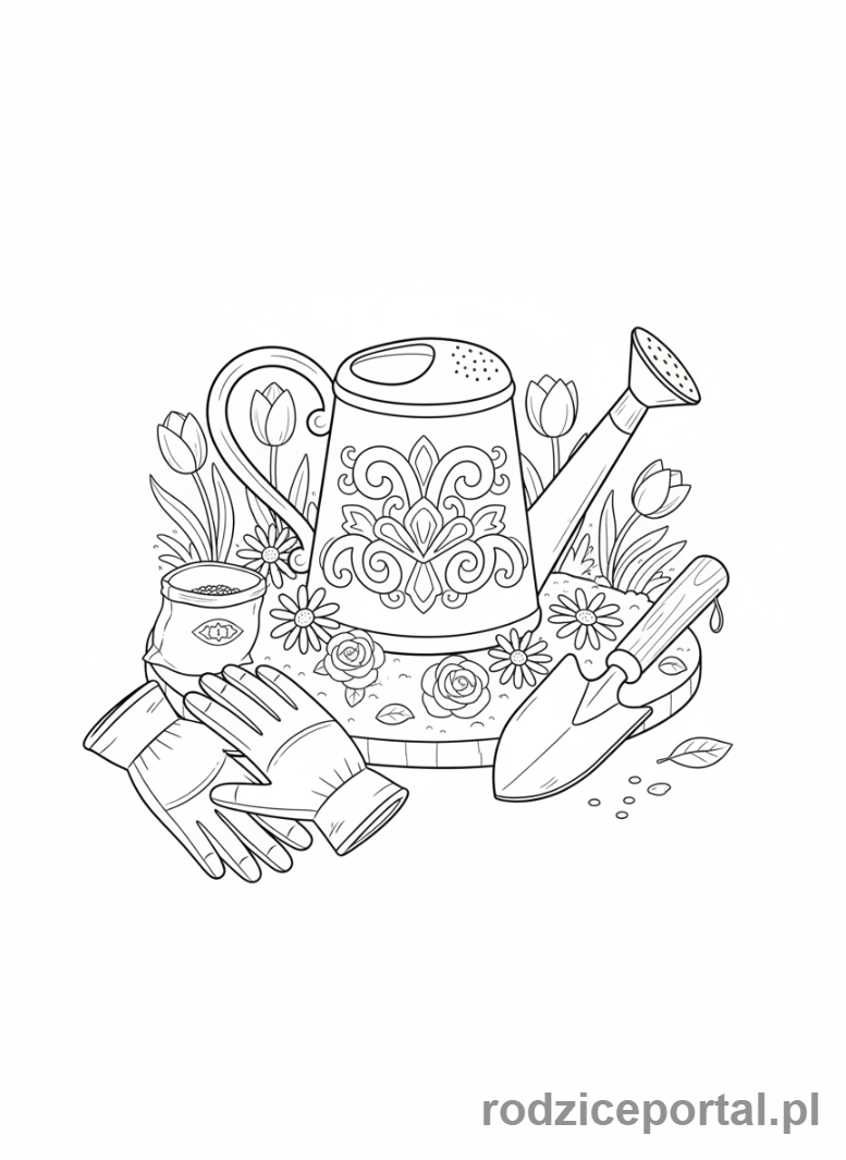 Kolorowanka Podlewanie Kwiatów - Narzedzia ogrodnicze i konewka