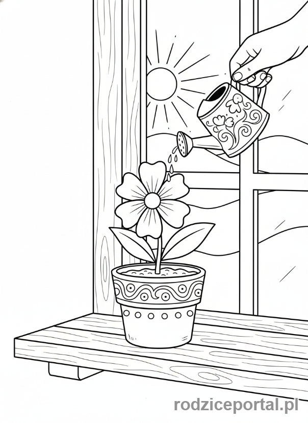 Kolorowanka Podlewanie Kwiatów - Rejka podlewa kwiatek w doniczce