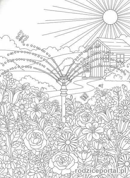 Kolorowanka Podlewanie Kwiatów - Zraszacz w ogrodzie