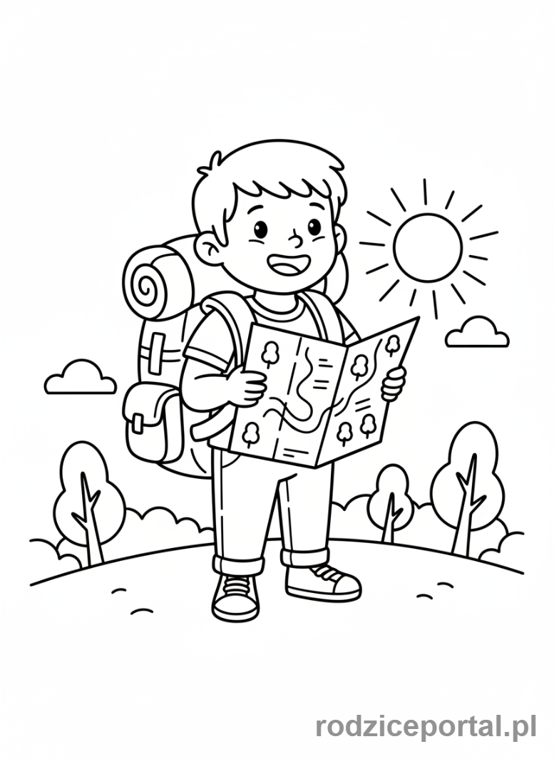 Kolorowanka Podróże - Dziecko z plecakiem i mapą