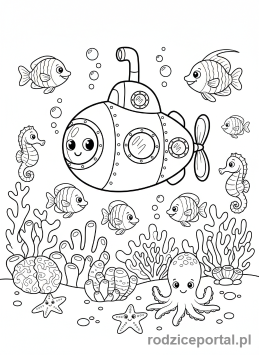 Kolorowanka Podróże - Łódź podwodna w rafie