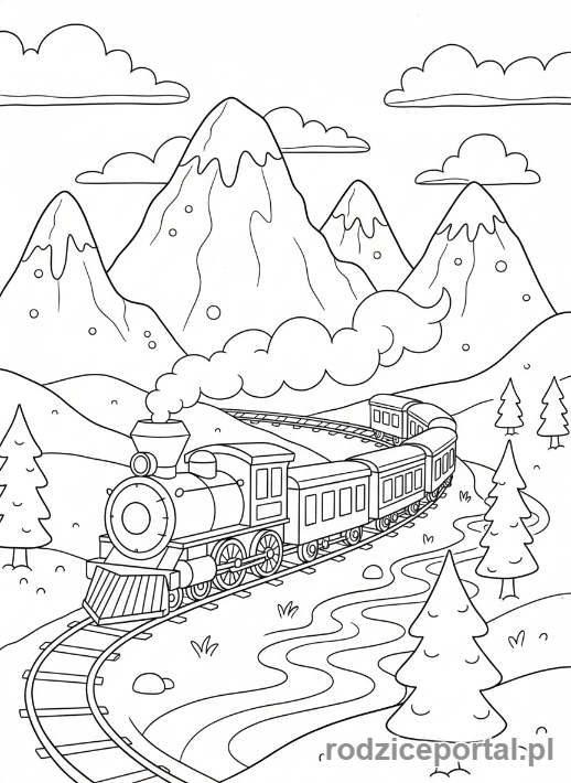 Kolorowanka Podróże - Pociąg w górach