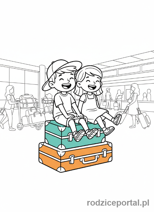 Kolorowanka Podróże Rodzinne - Dzieci bawiące się walizkami na lotnisku.