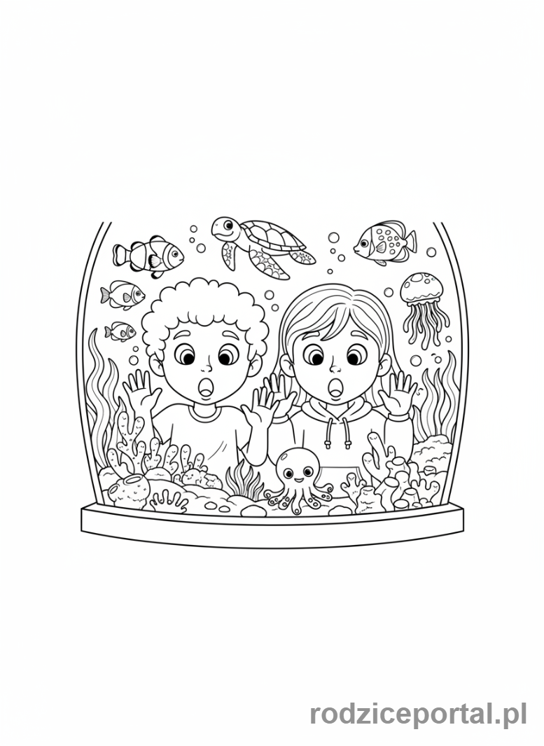 Kolorowanka Podróże Rodzinne - Dzieci obserwujące ryby w akwarium.