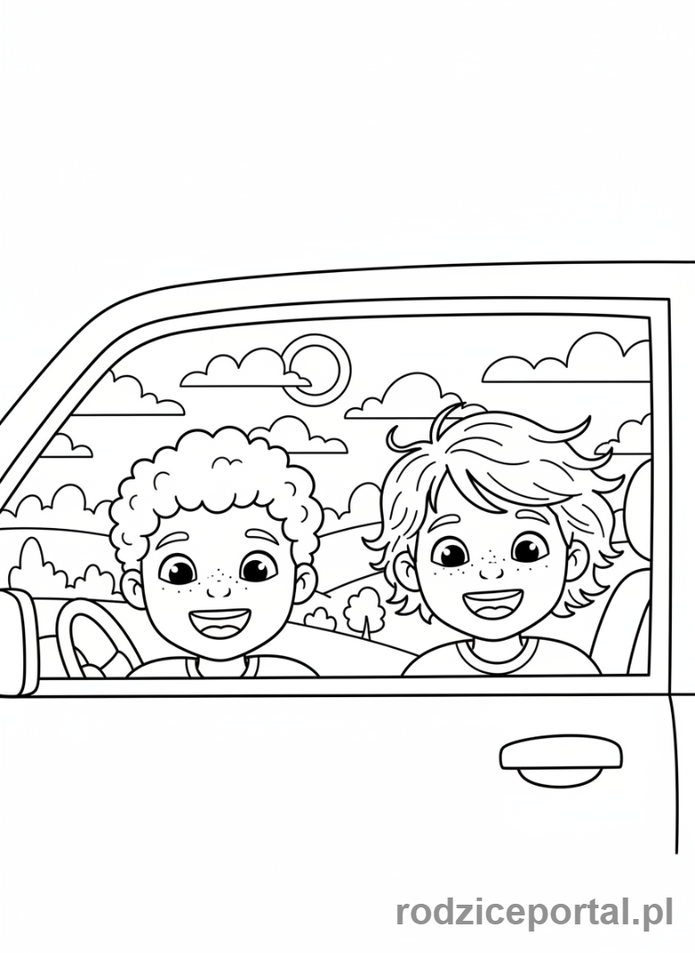 Kolorowanka Podróże Rodzinne - Dzieci wyglądające przez okno samochodu.
