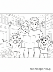 Kolorowanka Podróże Rodzinne - Rodzice czytający mapę, dzieci wskazujące drogę.