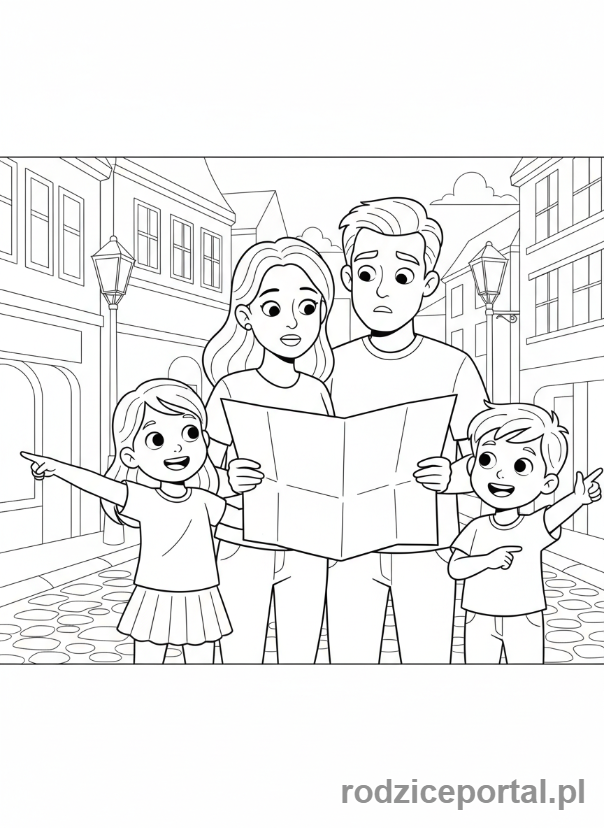 Kolorowanka Podróże Rodzinne - Rodzice czytający mapę, dzieci wskazujące drogę.