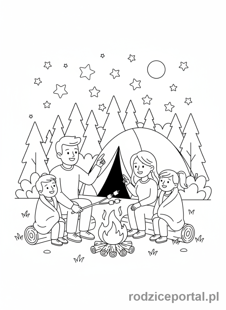 Kolorowanka Podróże Rodzinne - Rodzina biwakująca pod namiotem.
