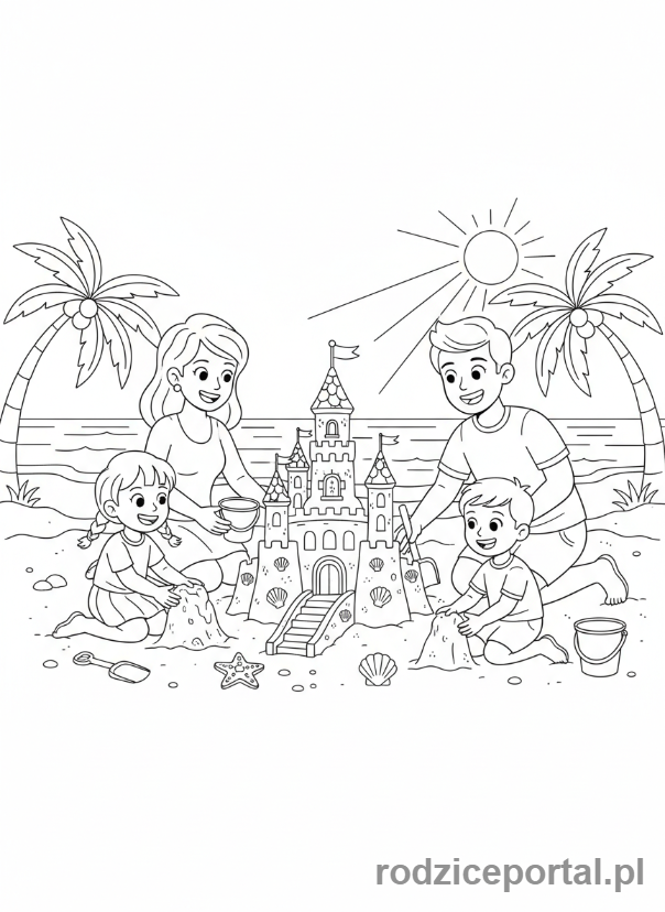 Kolorowanka Podróże Rodzinne - Rodzina buduje zamek z piasku na plaży.