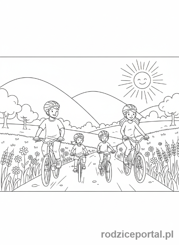 Kolorowanka Podróże Rodzinne - Rodzina jadąca na rowerach przez wieś.