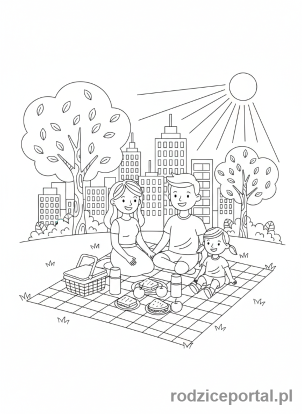 Kolorowanka Podróże Rodzinne - Rodzina na pikniku w parku.