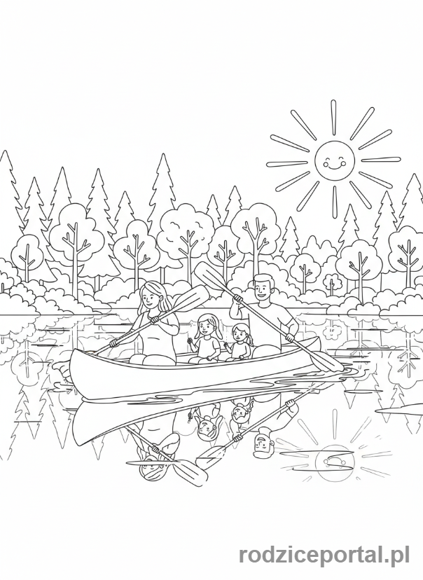 Kolorowanka Podróże Rodzinne - Rodzina płynąca kajakiem po jeziorze.