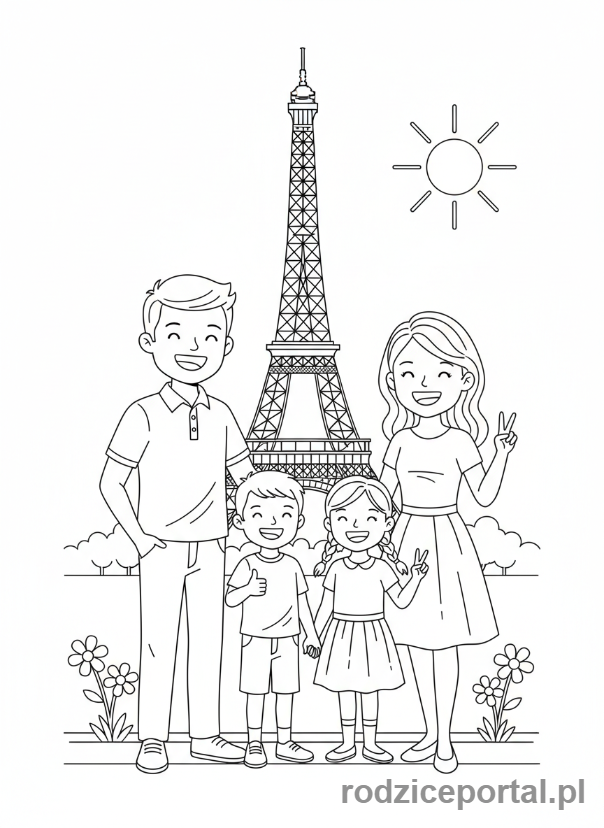 Kolorowanka Podróże Rodzinne - Rodzina robiąca zdjęcie przed wieżą Eiffla.