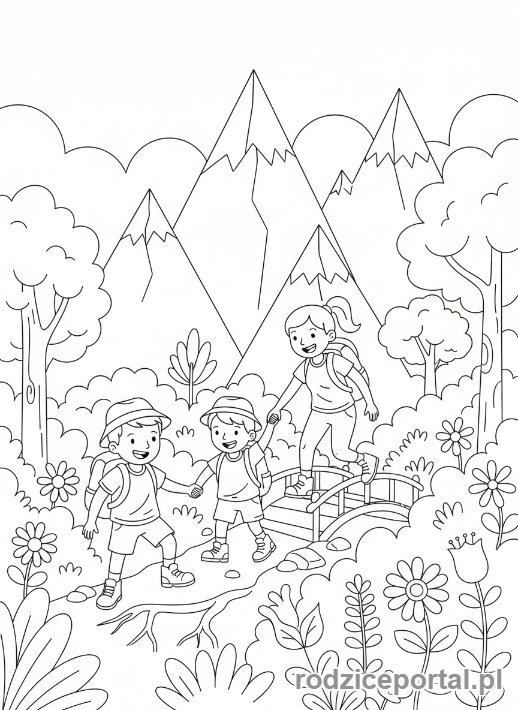 Kolorowanka Podróże Rodzinne - Rodzina wędrująca po górach.