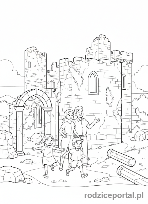 Kolorowanka Podróże Rodzinne - Rodzina zwiedzająca stary zamek.