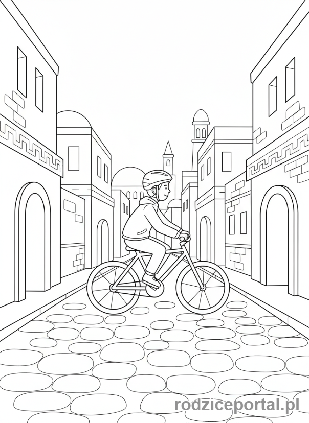 Kolorowanka Podróże - Rowerzysta zwiedzający miasto
