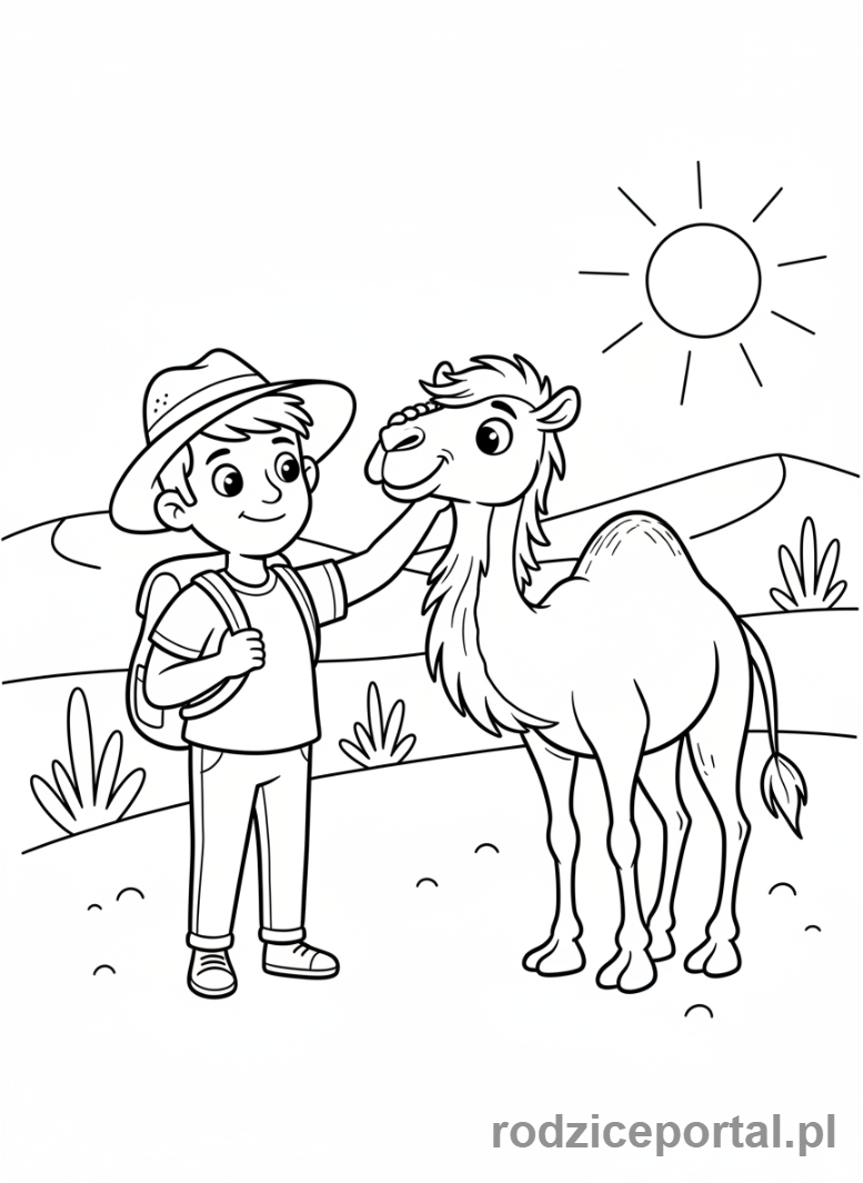 Kolorowanka Podróżnik - Podroznik i wielblad na pustyni