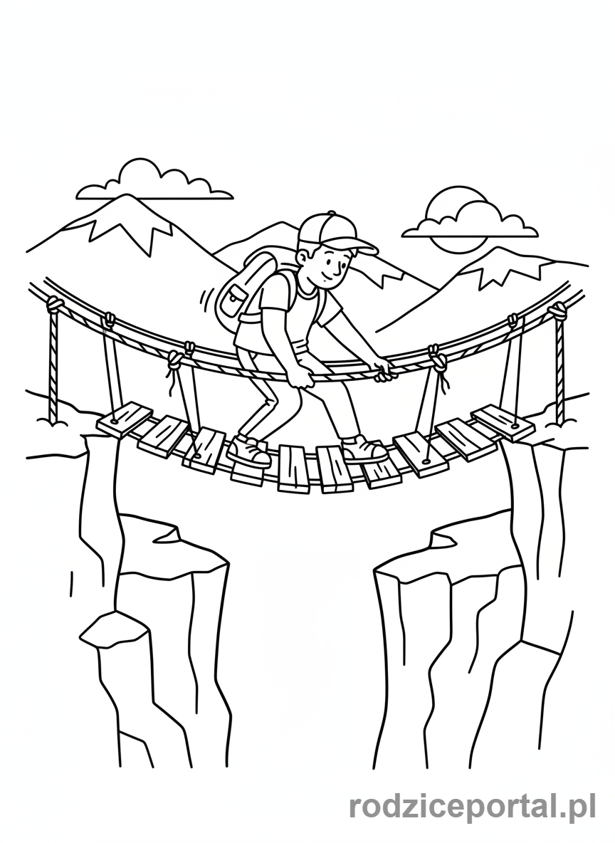 Kolorowanka Podróżnik - Podroznik na moście linowym