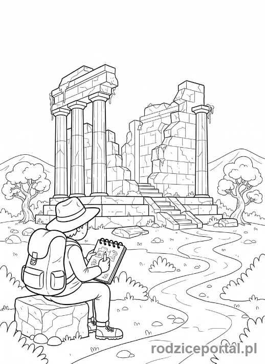 Kolorowanka Podróżnik - Podroznik szkicuje ruiny