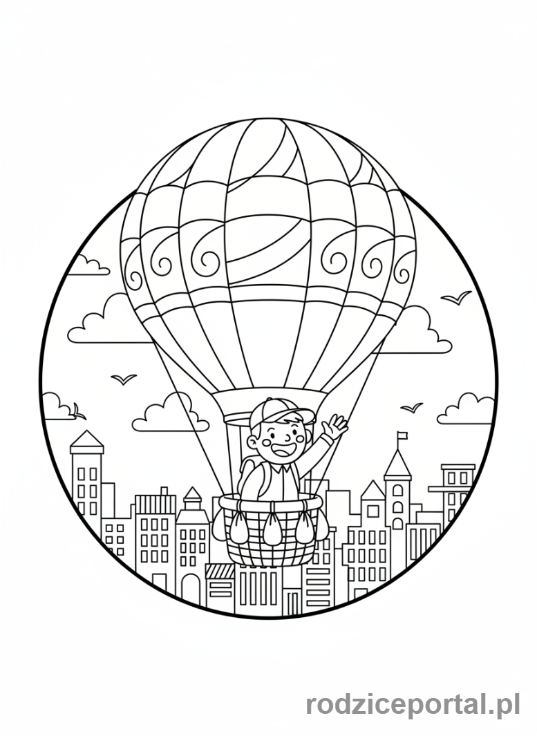Kolorowanka Podróżnik - Podroznik w balonie nad miastem
