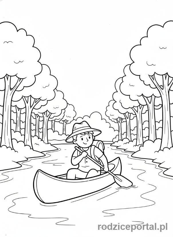 Kolorowanka Podróżnik - Podroznik w kajaku na rzece