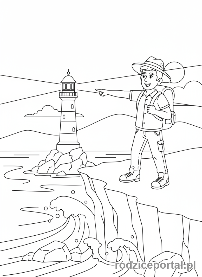 Kolorowanka Podróżnik - Podroznik wskazuje latarnie morska