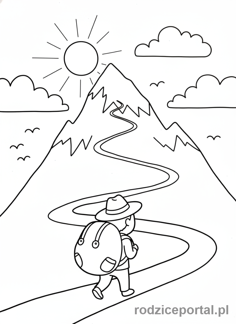 Kolorowanka Podróżnik - Podroznik z plecakiem w górach