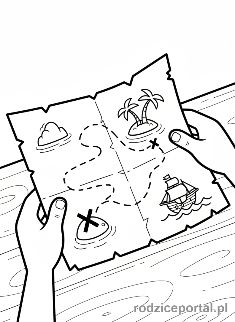 Kolorowanka Podróżnik - Rece podroznika z mapa skarbów